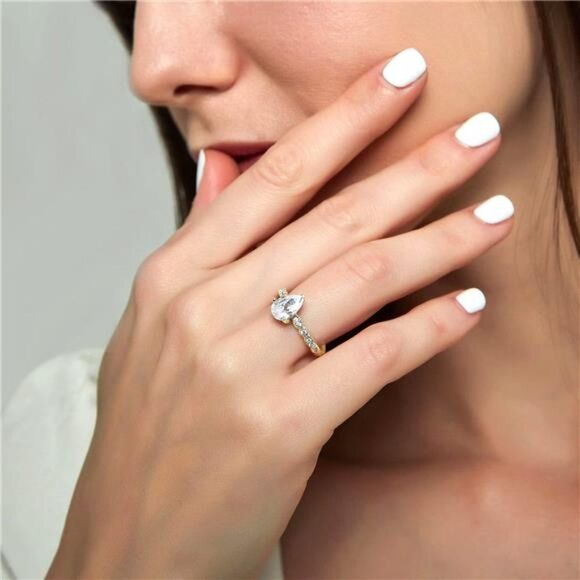 Gold Cubic Zirconia Ring 1.5CT Diamond Teardrop Engagement Ring Pear Shape Size6 - Picture 4 of 8